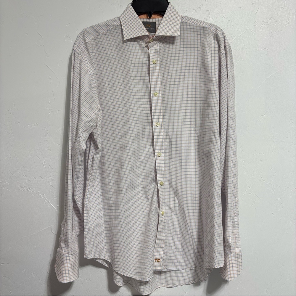 Thomas Dean Men's Large 100% Cotton Check Button Front Dress Shirt Long Sleeve